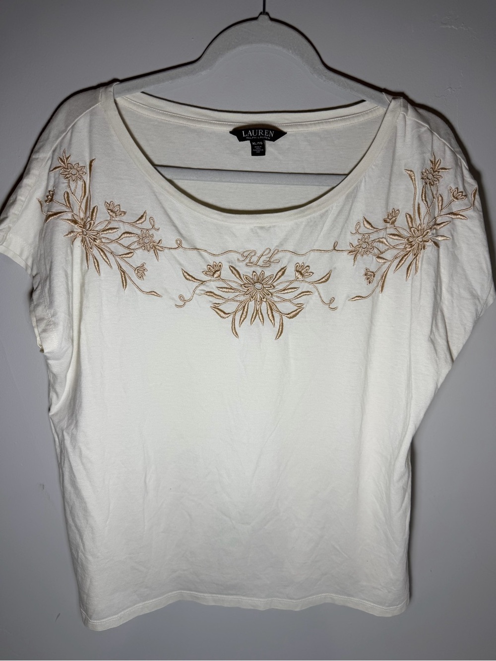 Lauren Ralph Lauren Women’s XL Ivory Embroidered Floral Top Short Sleeve